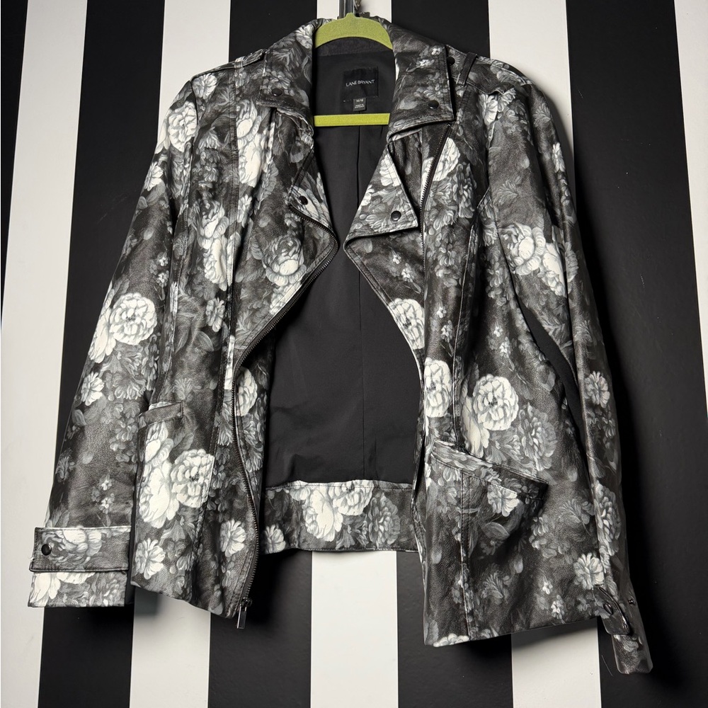 Lane Bryant Black Floral Faux Leather Moto Jacket